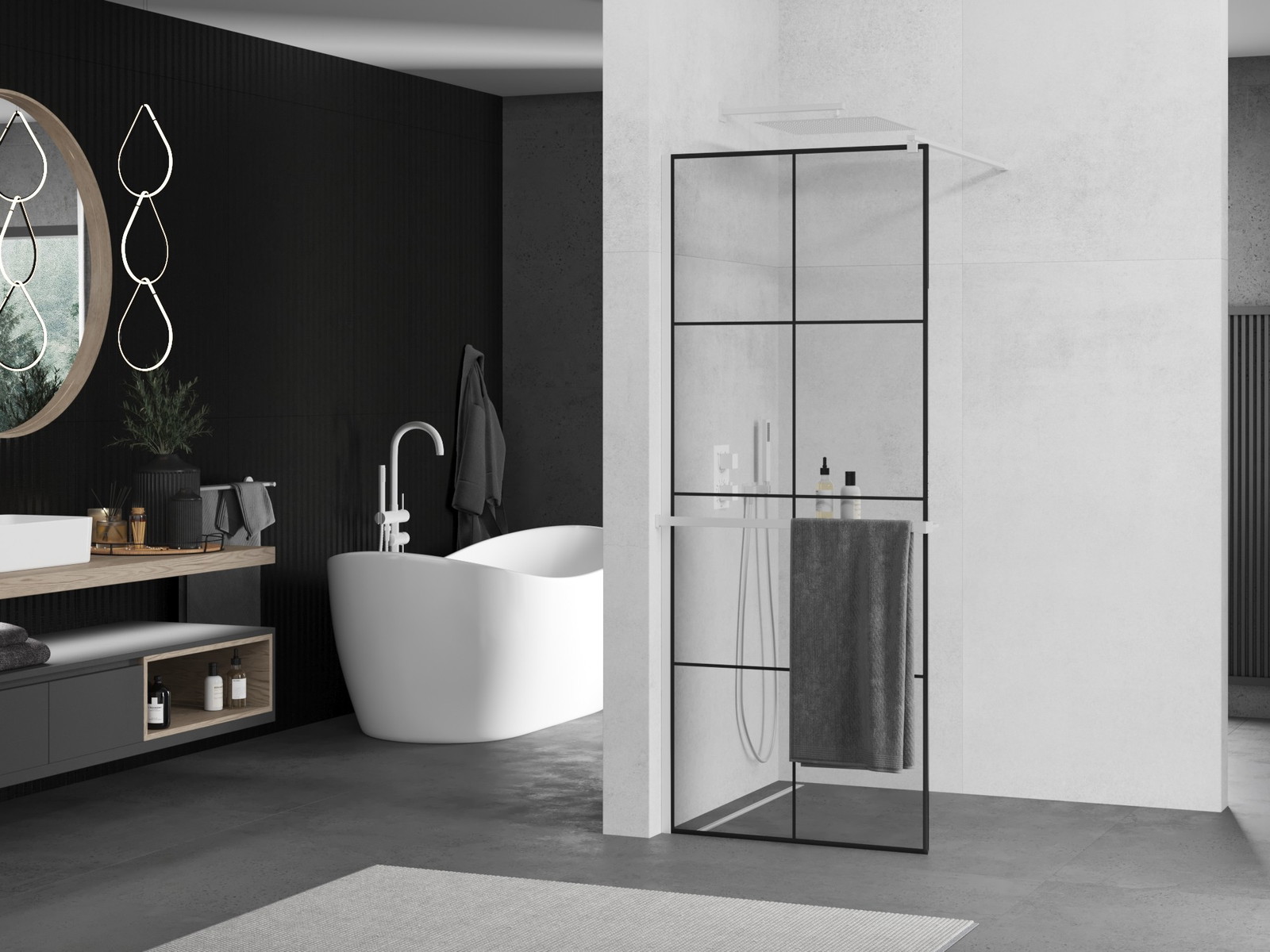 Mexen Kioto+ ścianka prysznicowa z półką Walk-in 90 x 200 cm, czarna kratka, biała - 800-090-121-20-77